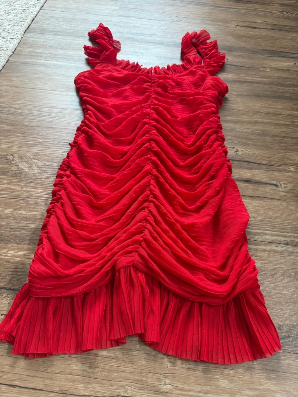 Zara Red Ruched Mini Dress with Ruffle Straps - Picture 3 of 6